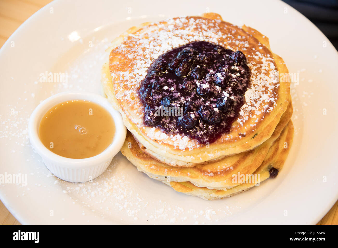 Blueberry pancakes with warm maple butter, Clinton Street Baking Company restaurant, Lower East Side, New York City Stock Photo