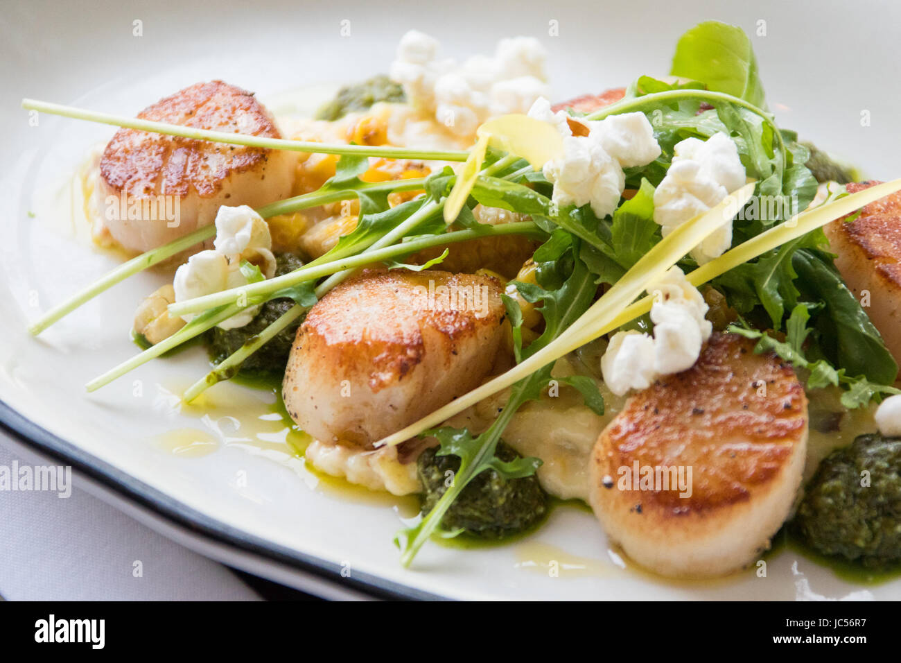 Seared Scallops, bacon grits, arugula pesto, Edna Restaurant, Halifax