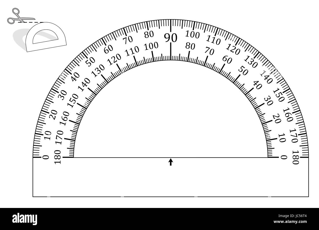 Protractor, paper model to cut out - print it on heavy paper, any page format, the angle measurement functions in each size. Stock Photo