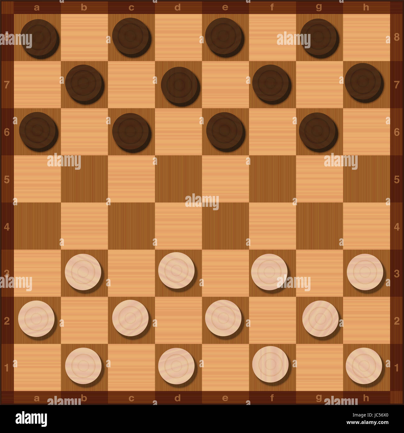 Draughts game, starting position of the twenty-four tokens, top view, wood grain style. Stock Photo