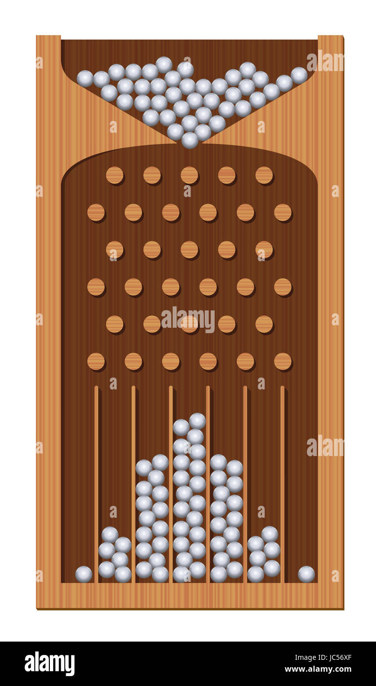 Bean machine, Galton board, wooden textured, iron balls - generating Gaussian bell curve. Education and science tool for mathematics and physics. Stock Photo