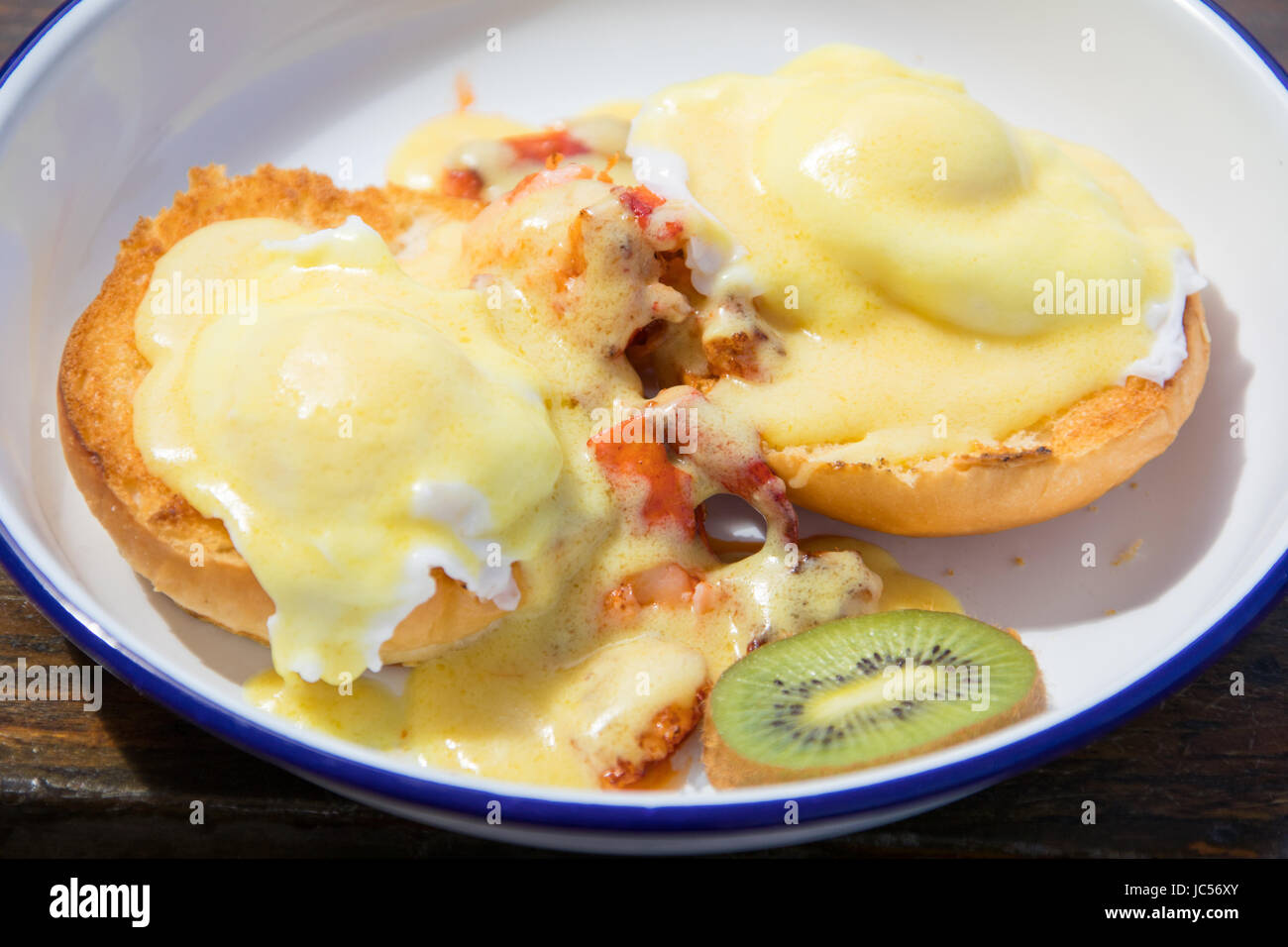 Eggs Benedict with lobster, Kiwi Cafe, Chester, Nova Soctia, Canada Stock Photo