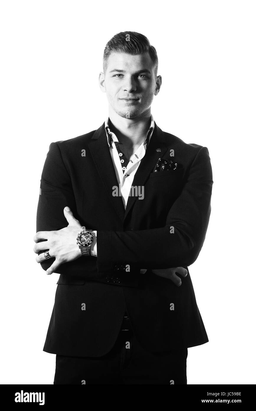 Handsome Young Business Man Wearing Black Suit Isolated on the White ...
