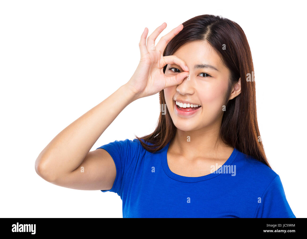 Woman with ok sign cover her eye Stock Photo Alamy