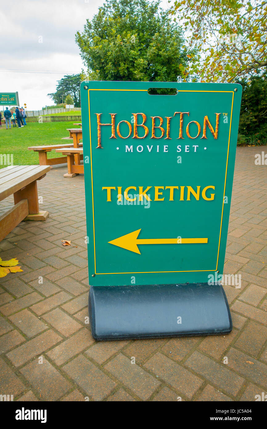 NORTH ISLAND, NEW ZEALAND- MAY 16, 2017: Welcoming board by the entrance to Hobbiton Village at Hobbiton Movie Set. Stock Photo