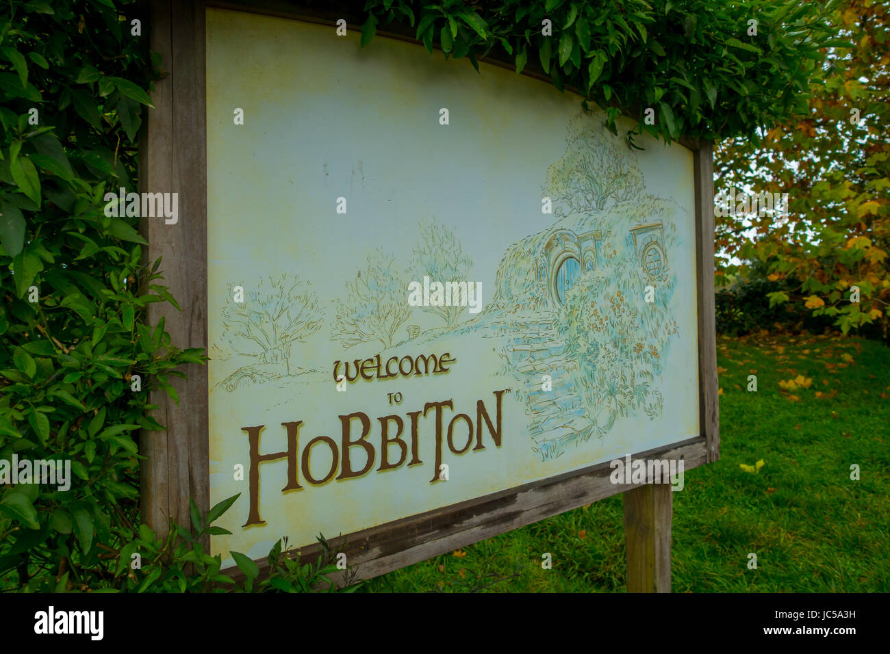 NORTH ISLAND, NEW ZEALAND- MAY 16, 2017: Welcoming board by the entrance to Hobbiton Village at Hobbiton Movie Set. Stock Photo