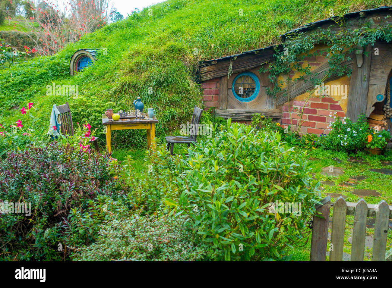 NORTH ISLAND, NEW ZEALAND- MAY 16, 2017: Hobbit house, hobbiton movie set, site made for movies: Hobbit and Lord of the ring in Matamata, north island Stock Photo