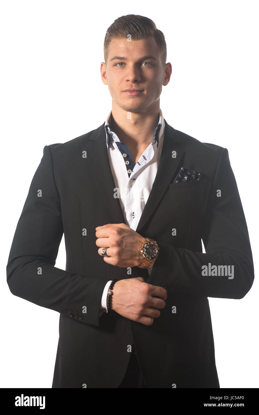 Handsome Young Business Man Wearing Black Suit Isolated on the White ...