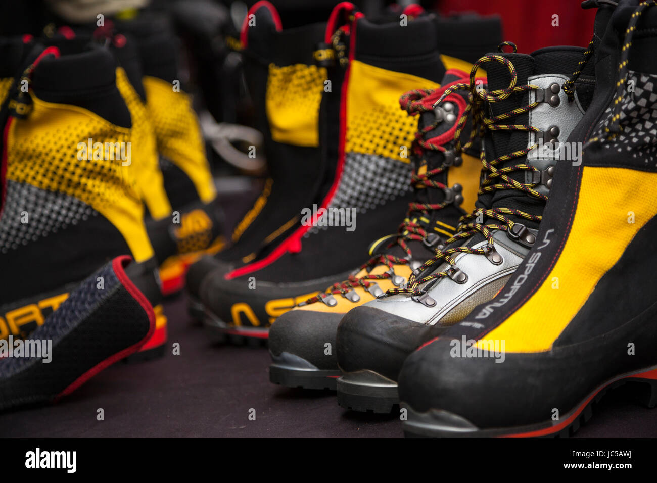Mountaineering boots available for demo during the Ouray Ice Festival, Ouray Ice Park, Ouray, Colorado. Stock Photo