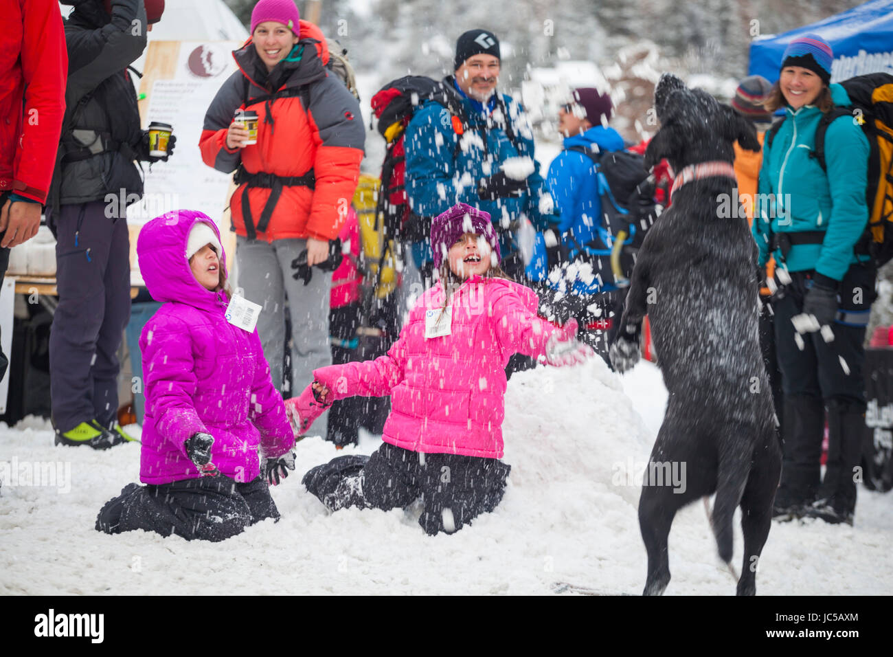 Two young girls play in the snow with a dog during the Ouray Ice Festival at the Ice Park in Ouray, Colorado. Stock Photo