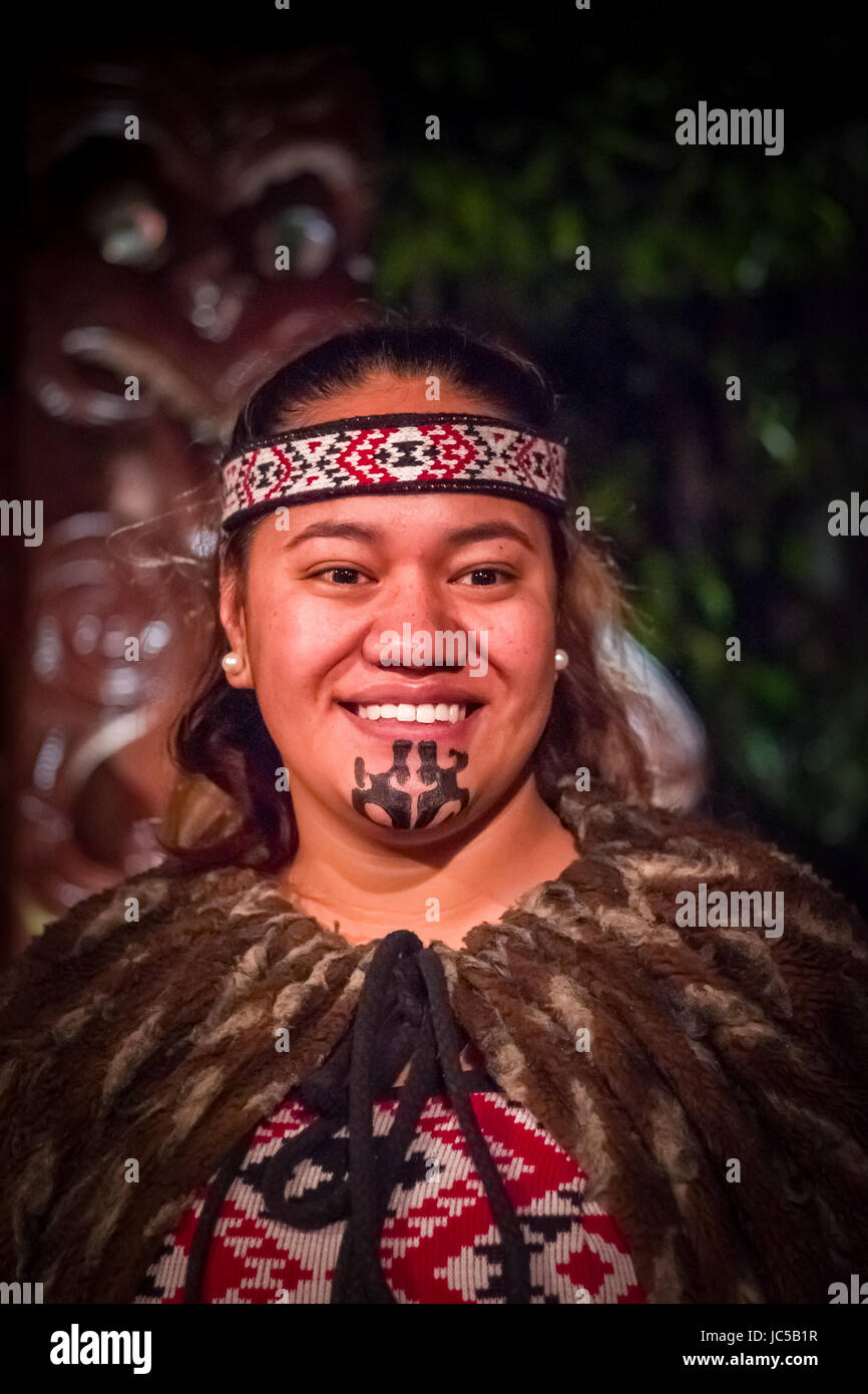 NORTH ISLAND, NEW ZEALAND- MAY 17, 2017: Portrait of Tamaki Maori man with traditionally tatooed face in traditional dress at Maori Culture, Tamaki Cu Stock Photo