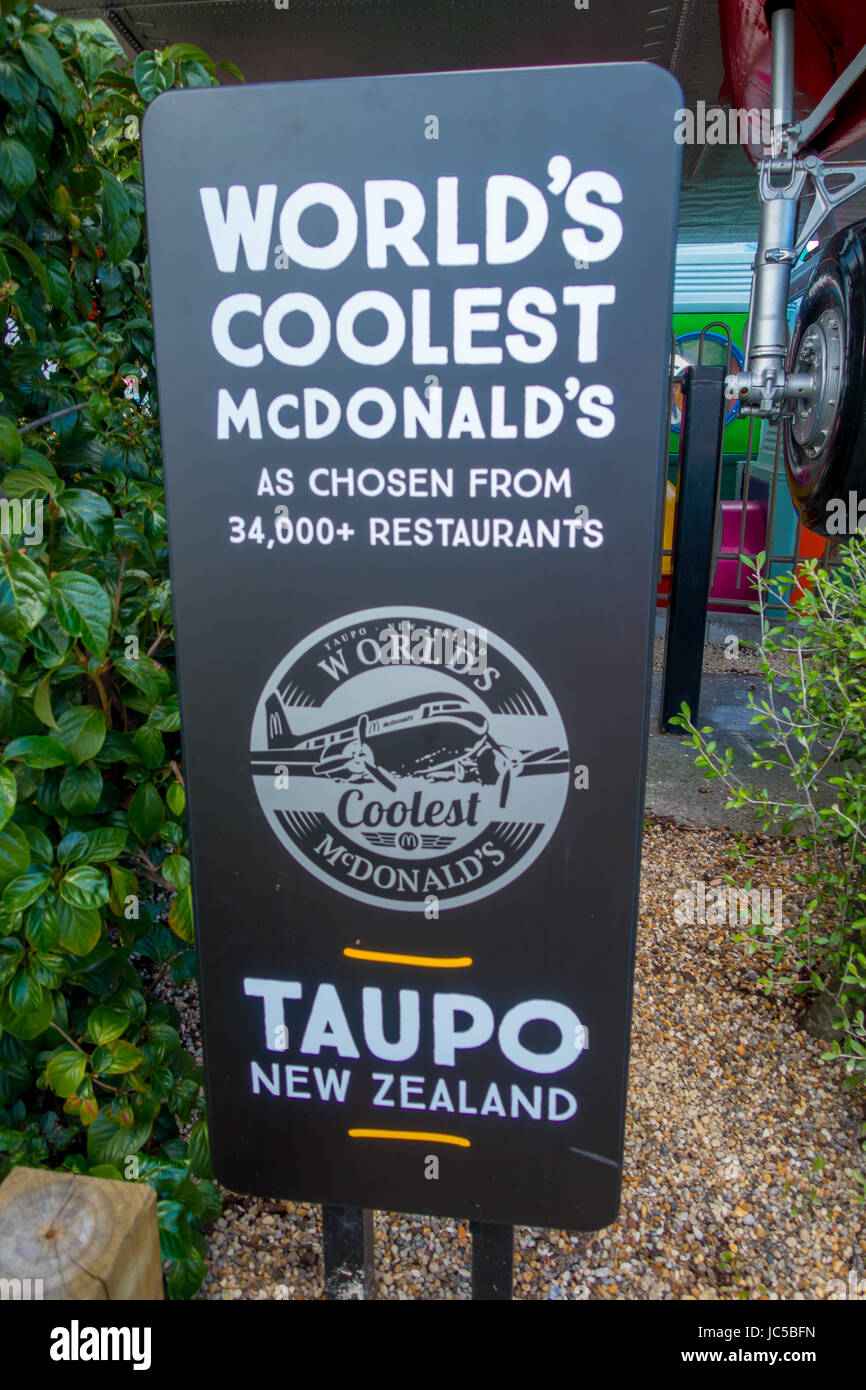 NORTH ISLAND, NEW ZEALAND- MAY 18, 2017: An informative sign of the amazing DC3 plane as part of the McDonald's located at Taupo,New Zealand, and it i Stock Photo