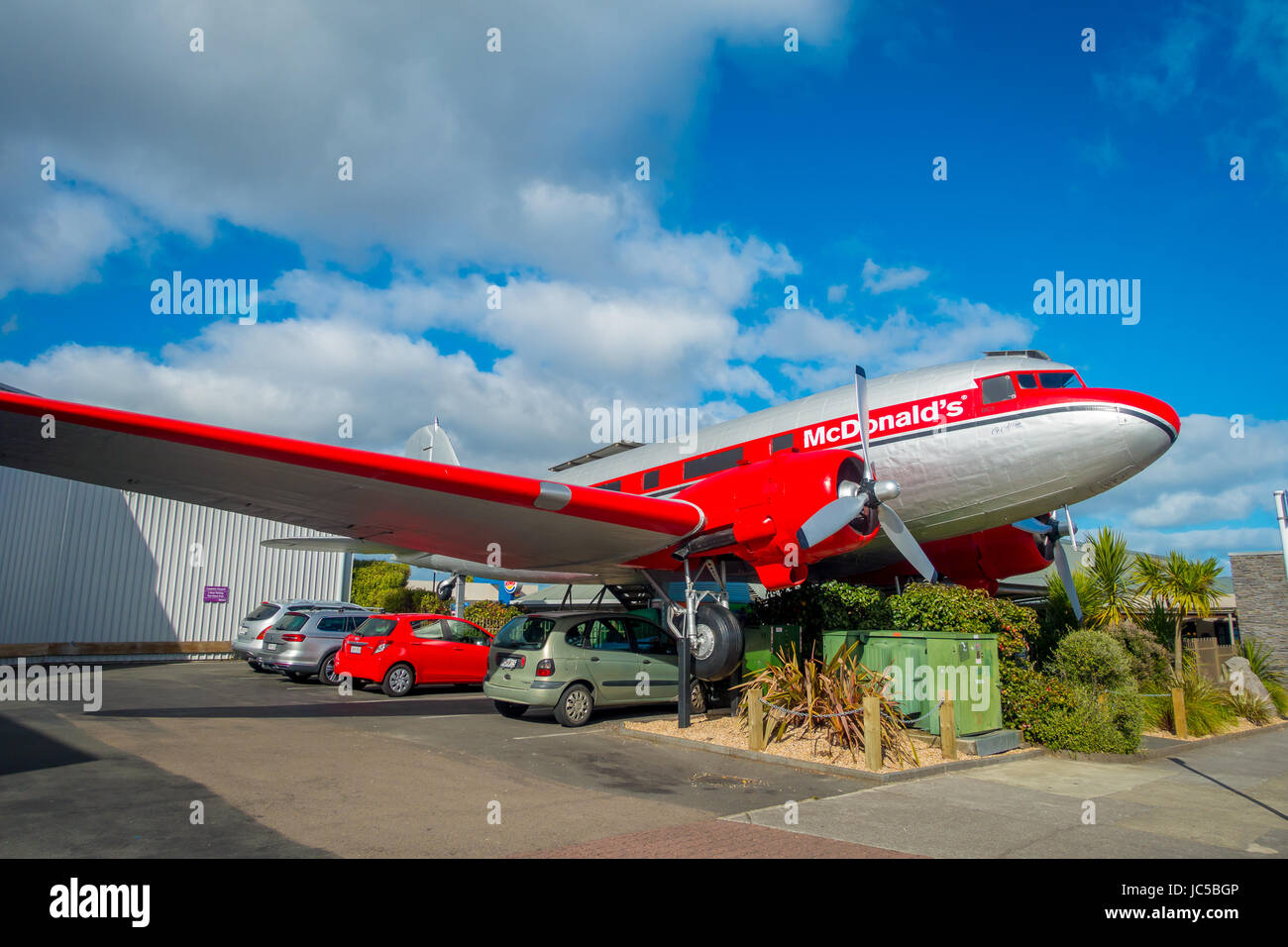NORTH ISLAND, NEW ZEALAND- MAY 18, 2017: Amazing DC3 plane as part of the McDonald's which is located at Taupo,New Zealand.T, and it is 10 coolest McD Stock Photo