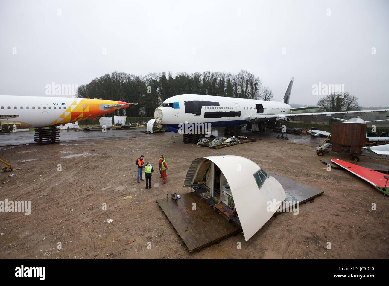 Where passenger aircraft go to die. Airliners are dismantled in the wrecking yard of Air Salvage International at Cotswold Airport, Cirencester Stock Photo