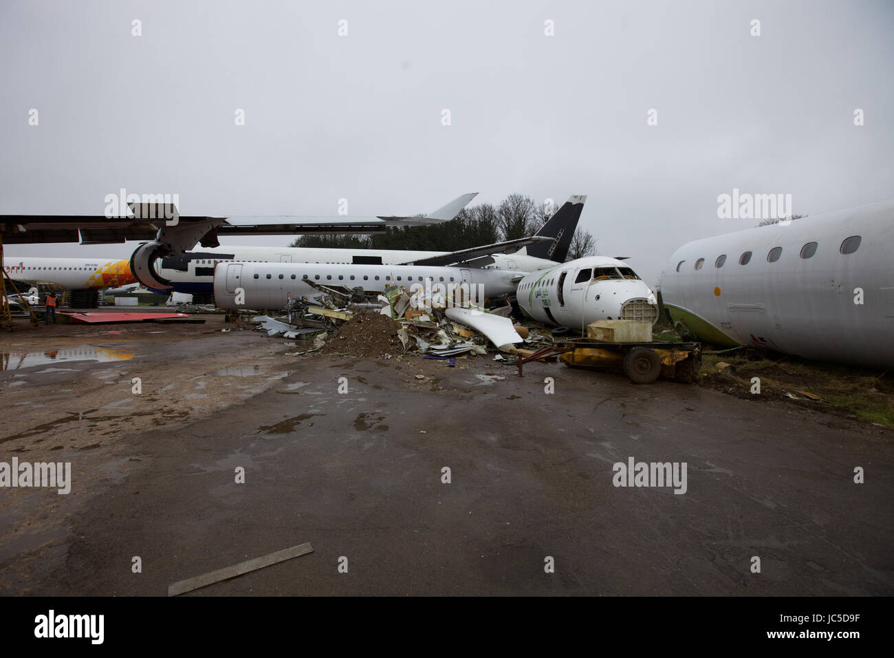 Where passenger aircraft go to die. Airliners are dismantled in the wrecking yard of Air Salvage International at Cotswold Airport, Cirencester Stock Photo