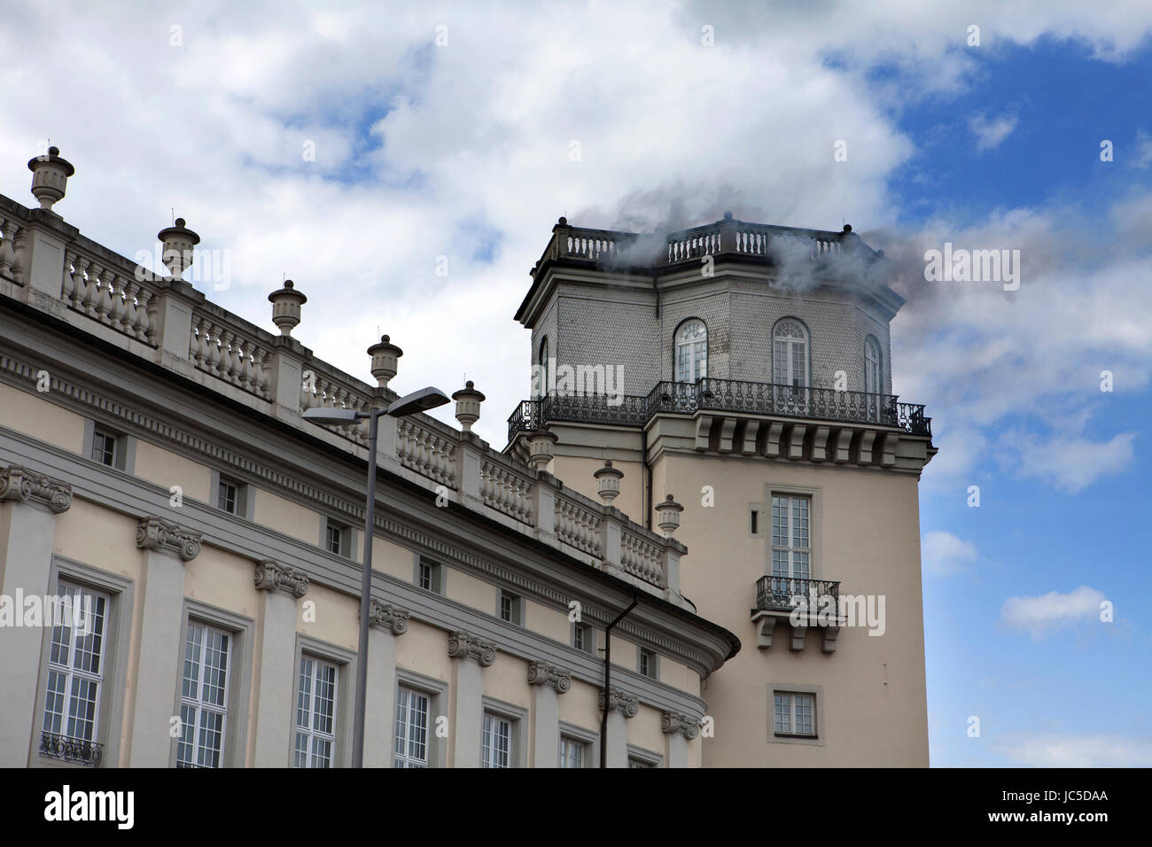 'Expiration Movement' by the conceptual artist Daniel Knorr, Fridericianum, smoke bellowing out of the Zwehrenturm tower, documenta 14 exhibition, 201 Stock Photo