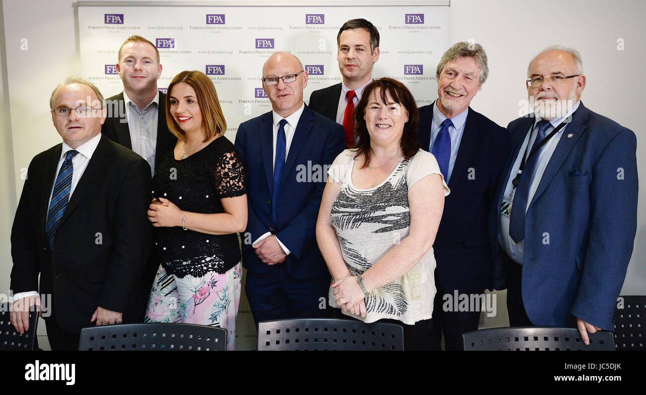 (Left-right) Sinn Fein's newly-elected MPs Barry McElduff, Chris Hazzard, Elisha McCallion, Paul Maskey, Pearse Doharty TD, Michelle Gildernew, Mickey Brady and Francie Molloy during a press conference in Westminster, central London. Stock Photo