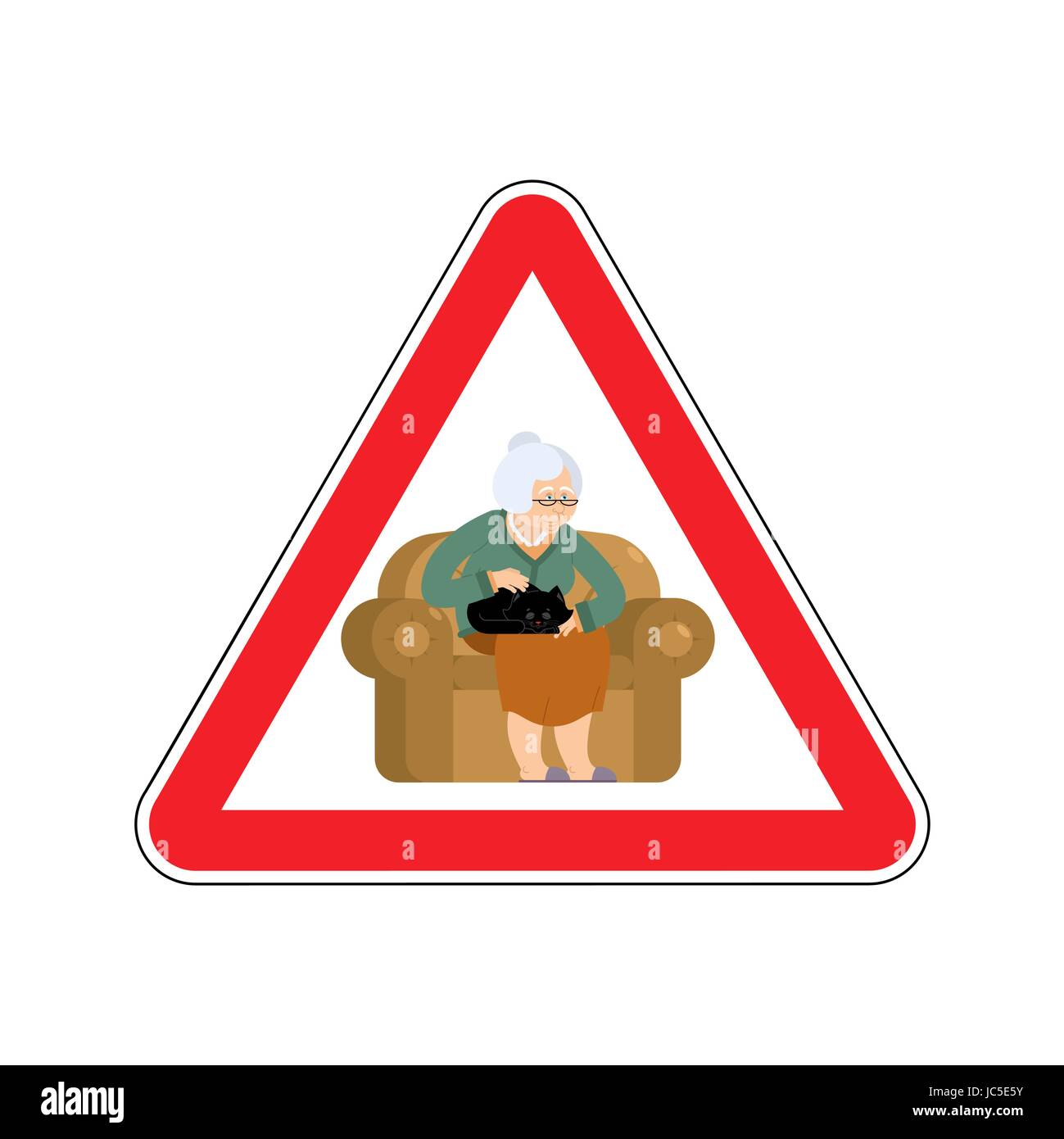 Attention grandmother. Caution old woman and cat. Red triangle road sign Stock Vector