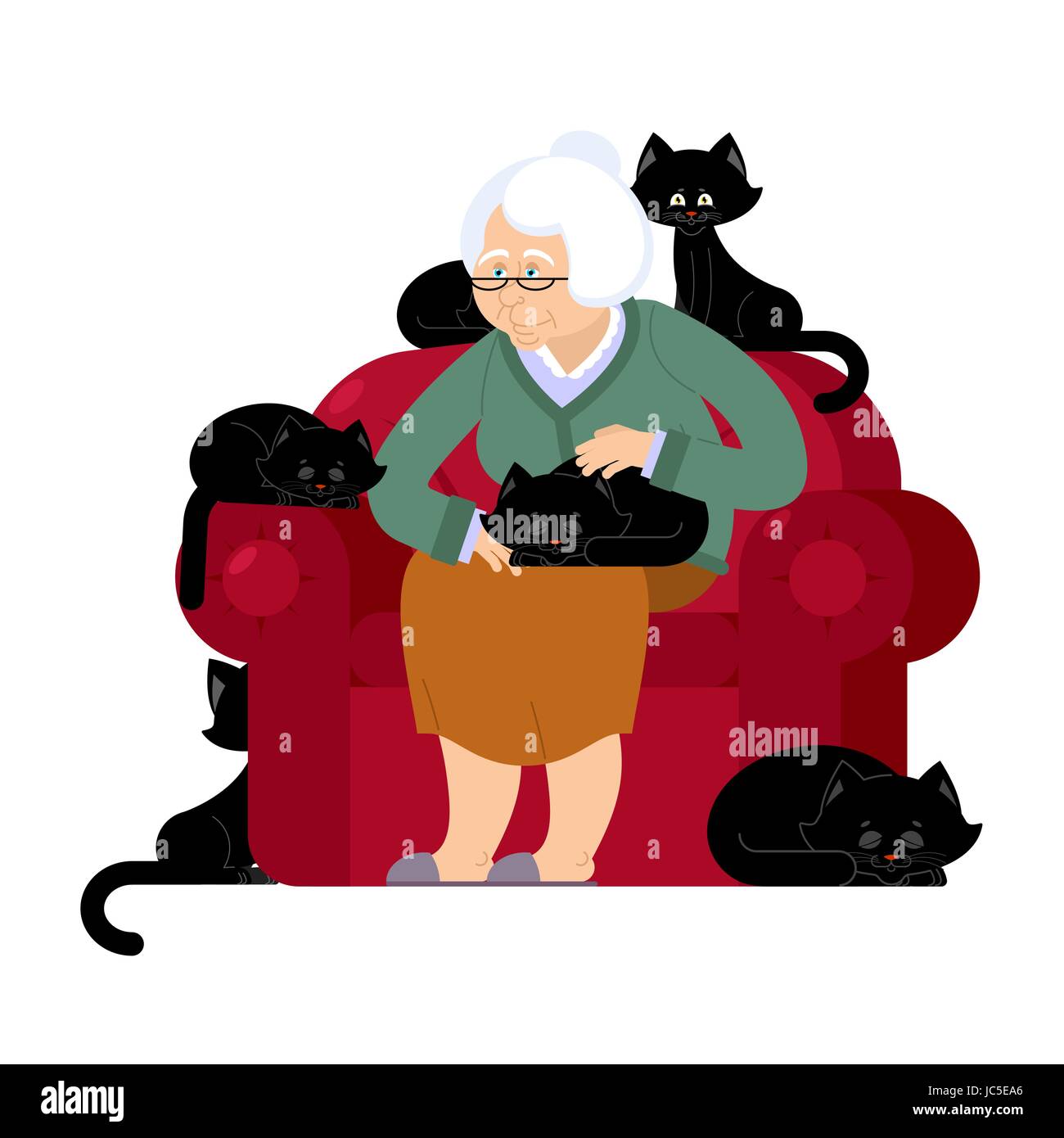 Grandmother and cat sitting on chair. granny cat lady. grandma and pet