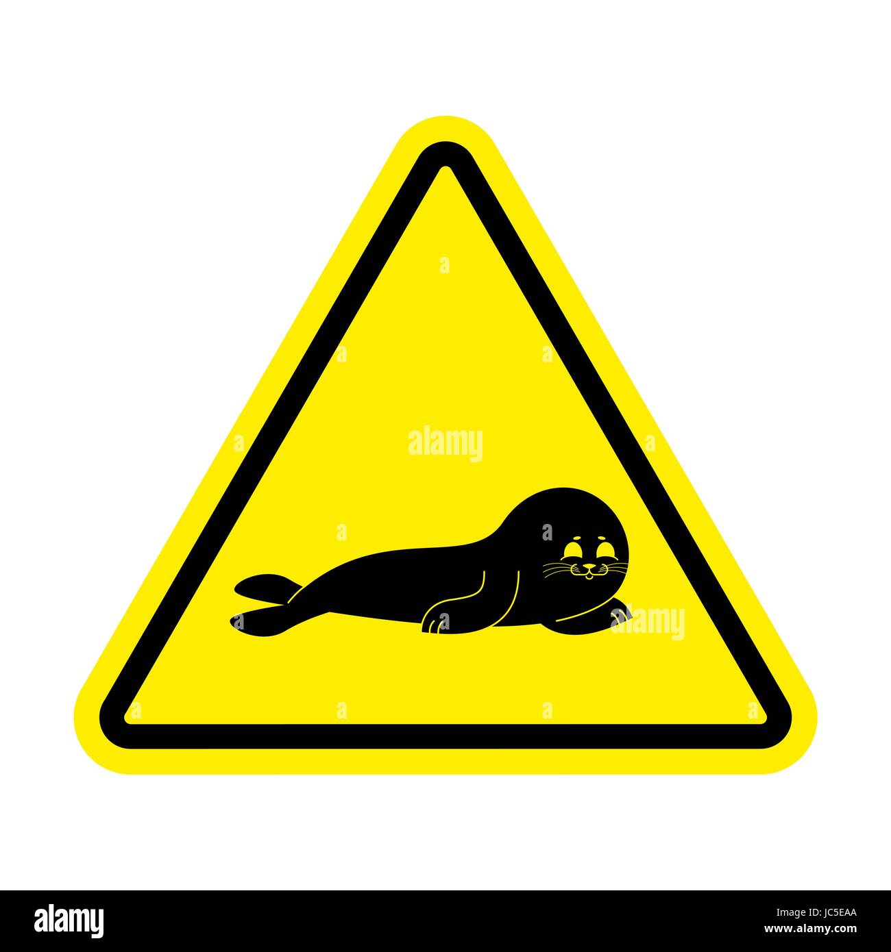 Attention Fur Seal. Caution small sea calf. Yellow triangle road sign Stock Vector