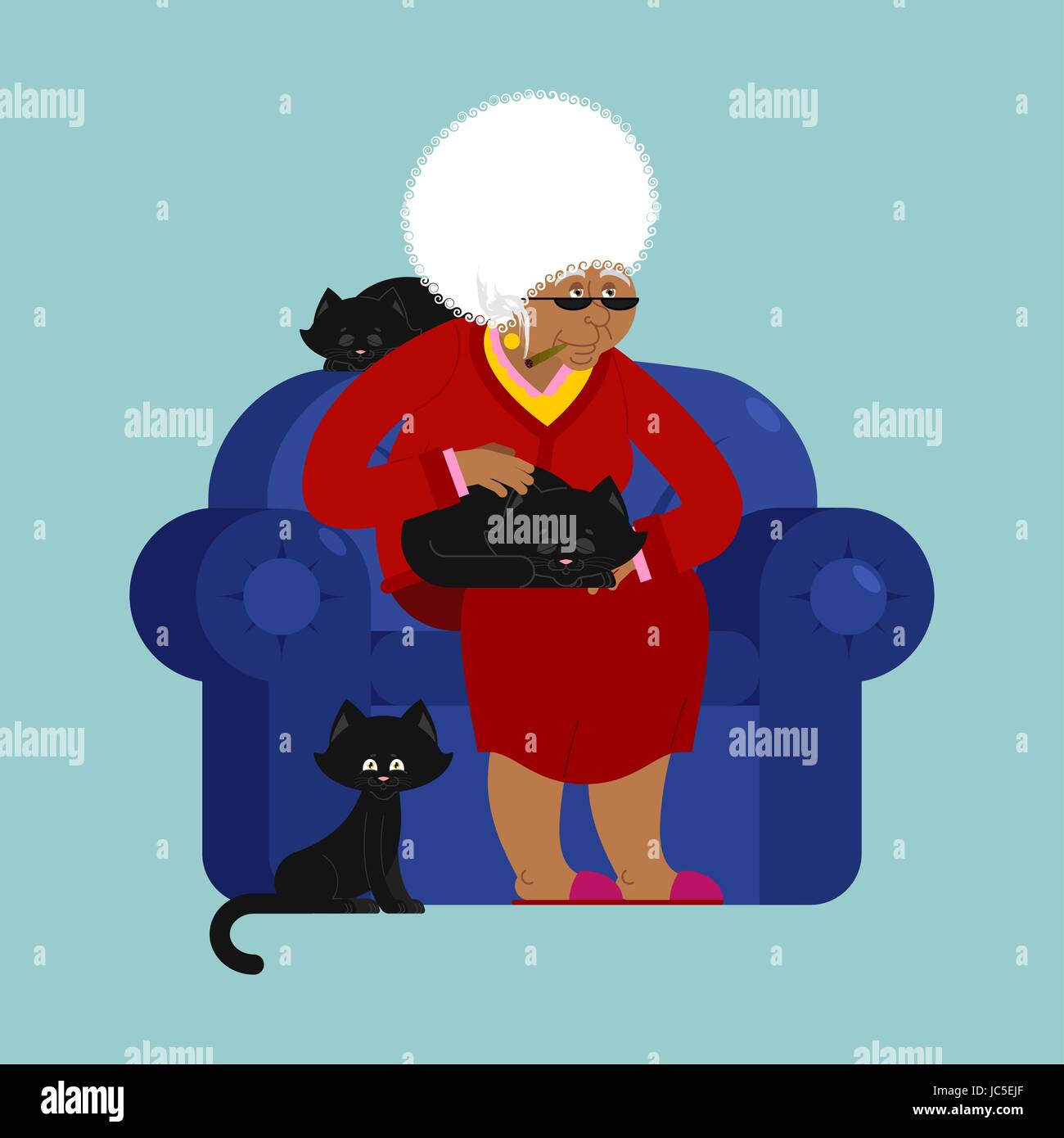 African American Grandmother and cat sitting on chair. granny cat lady.  grandma and pet. old woman and animal. gammer and Beast Stock Vector Image  & Art - Alamy