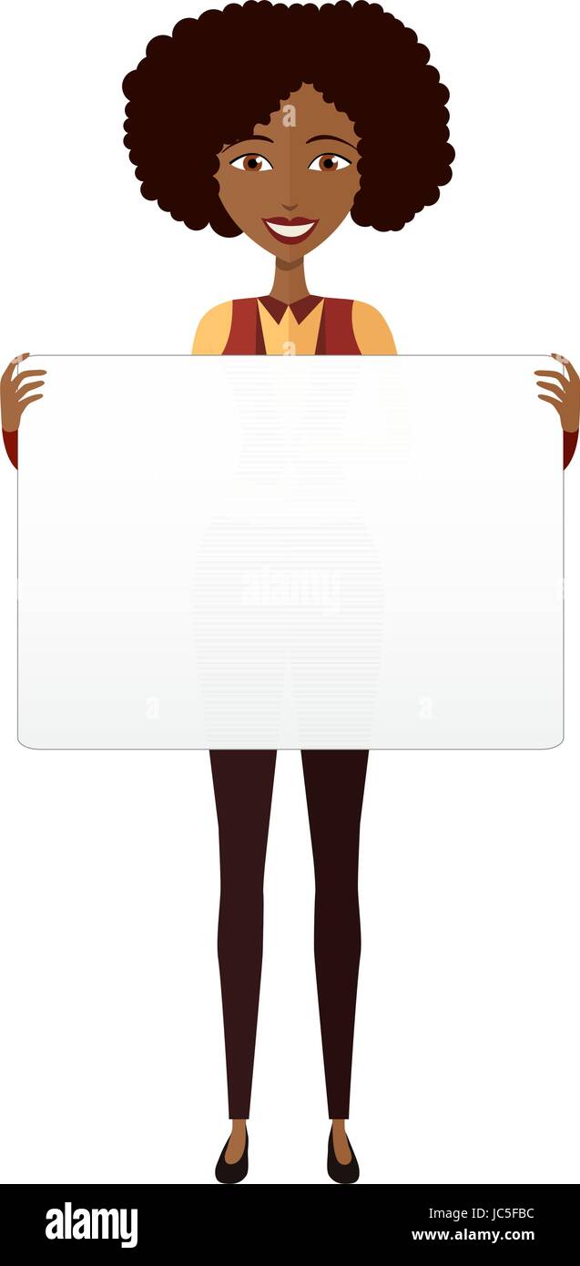 African American girl holding sign banner isolated on white background. Vector. Stock Vector