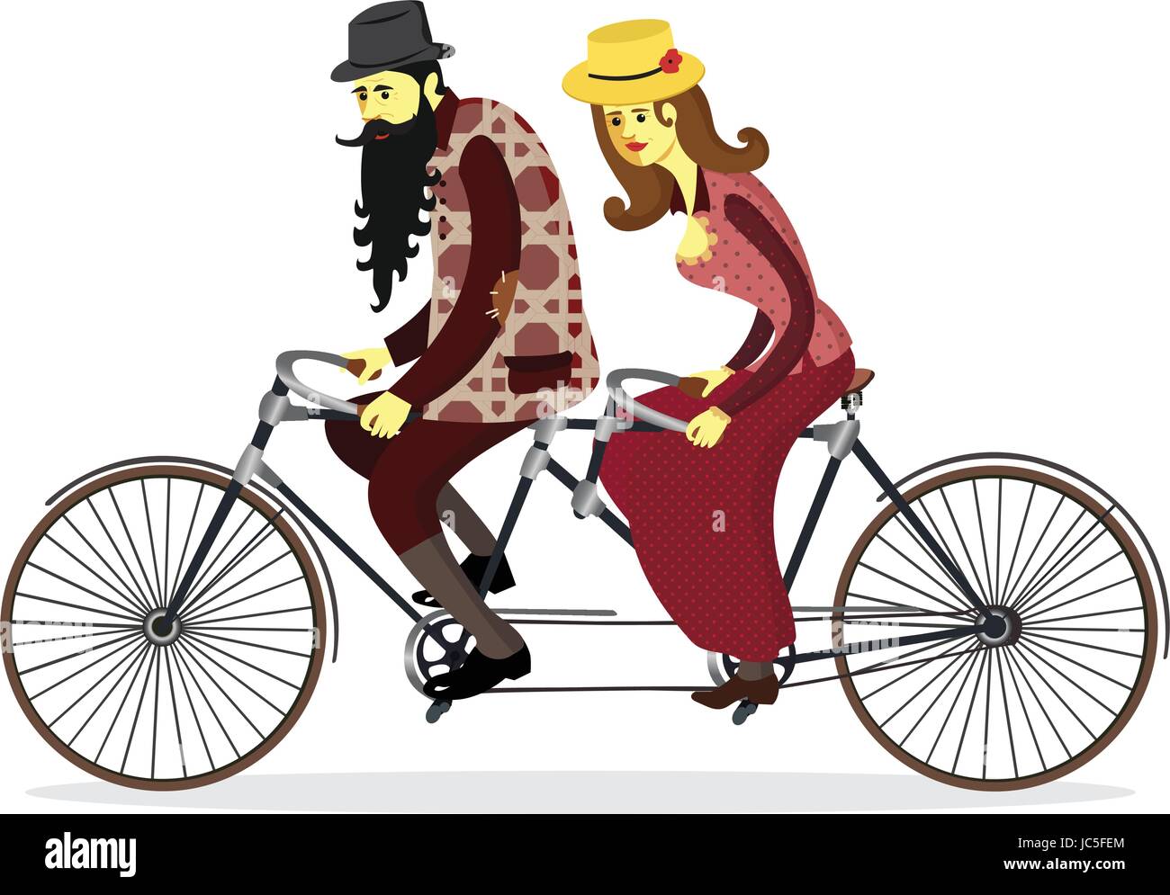 Couple riding tandem bicycle. Mature people couple riding twin bike together. Isolated couple old people. Vector illustration. Stock Vector