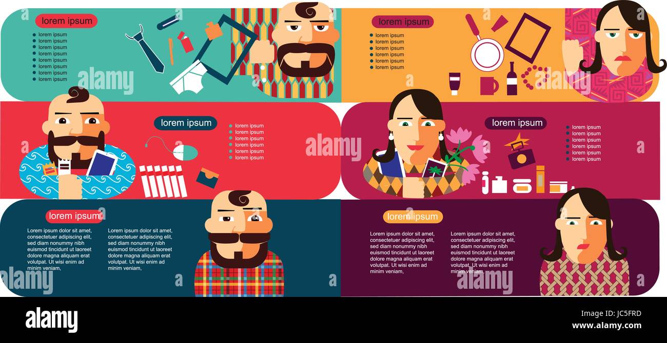 Customer profile infographic vector template. Men and women with shopping. Happy buyers set. Vector. Man and woman shopping. Stock Vector