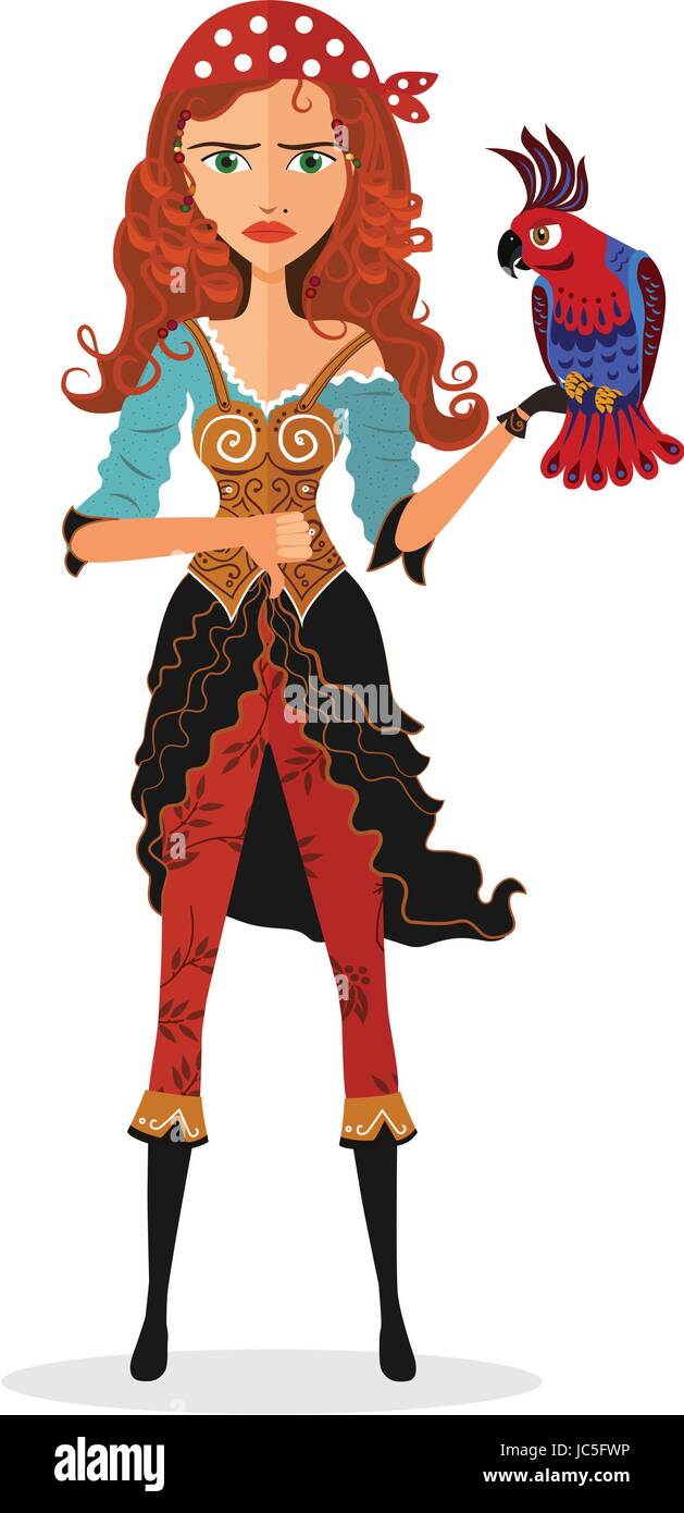 Frowning Pirate cheerful girl with parrot Flat Strict Pirate. Disappointed character isolated on a white background. Vector. Stock Vector