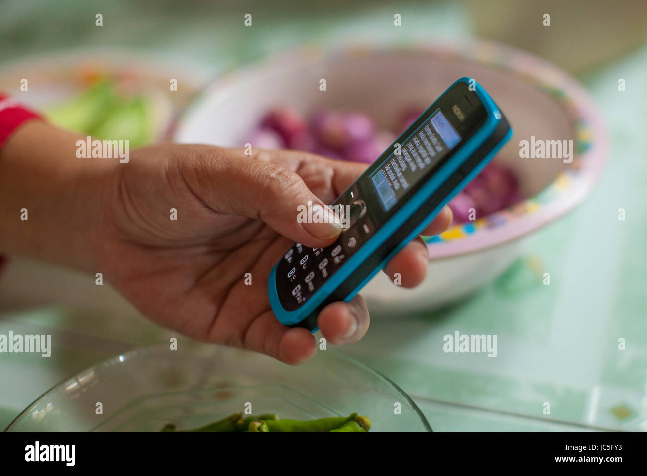 A woman using her mobile phone, Indonesia, Asia Stock Photo