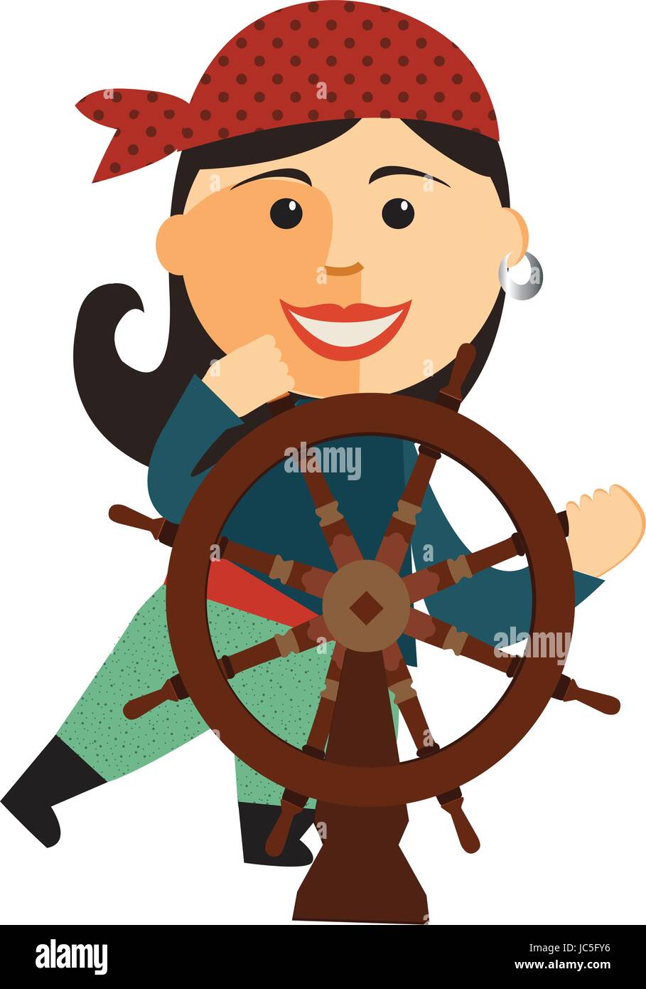 pirate girl at the rudder flat cartoon vector illustration. Eps10. Isolated on a white background. Stock Vector