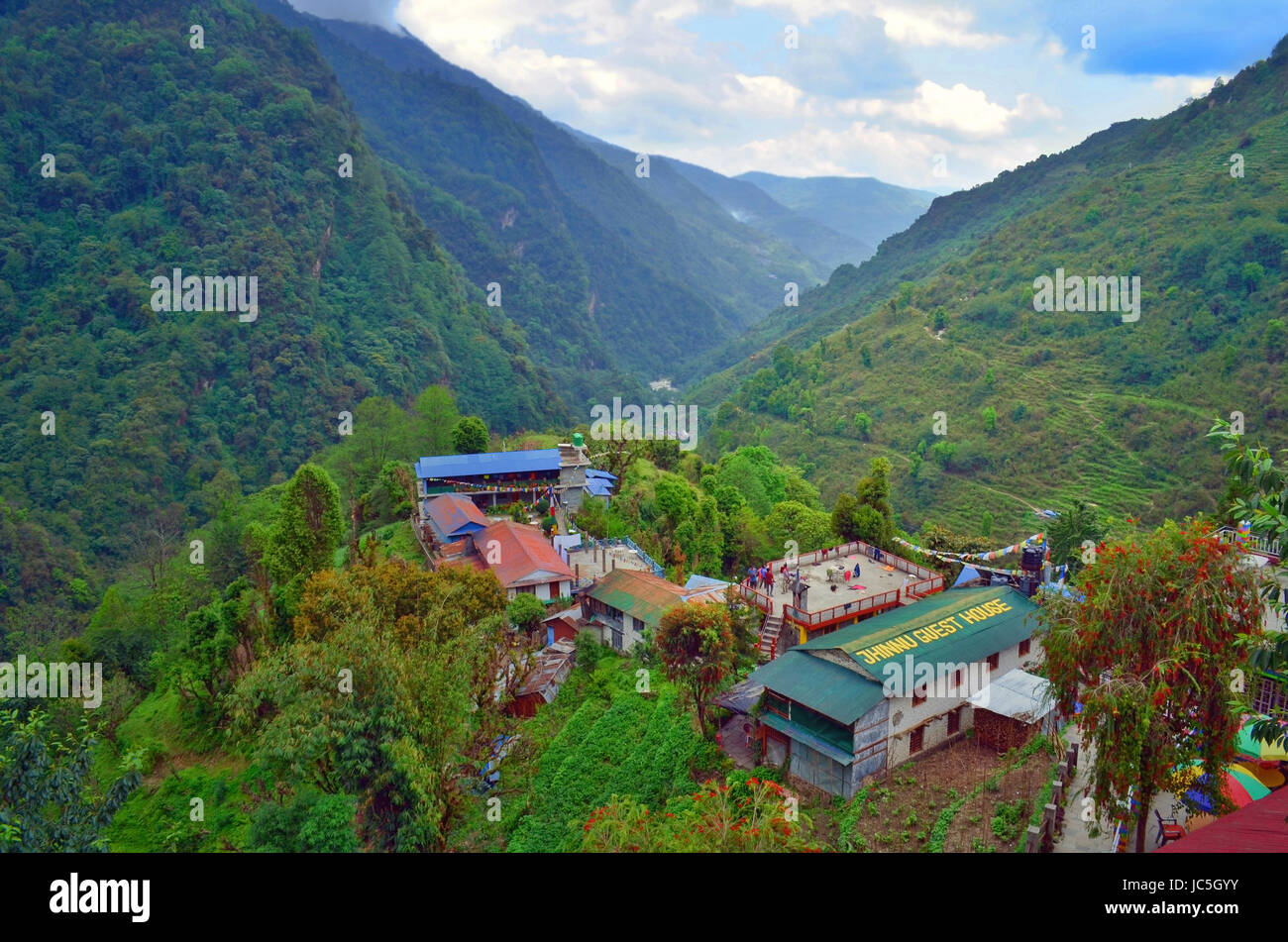 Mountain Village Jhinnu Danda on the Annapurna Base Camp Trek in the Himalayas Stock Photo