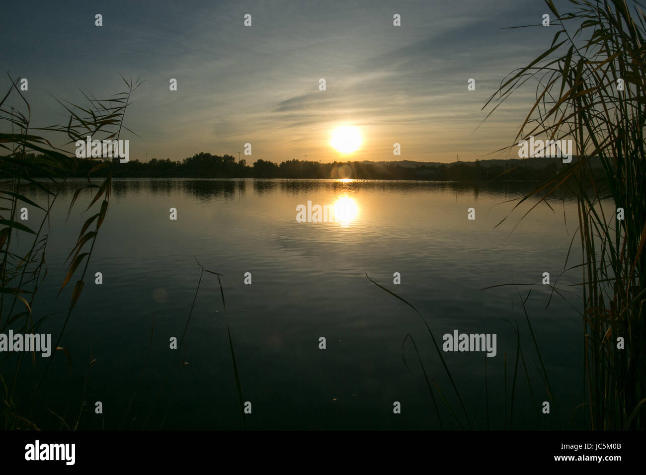 view of sunset with trees and water reflection in a lake Stock Photo ...
