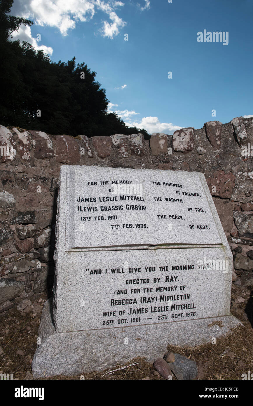 Memorial stone to James Leslie Mitchell better known as Lewis Grassic Gibbon in the graveyard of the Kirk of Saint Ternan, Arbuthnott, Aberdeenshire,  Stock Photo