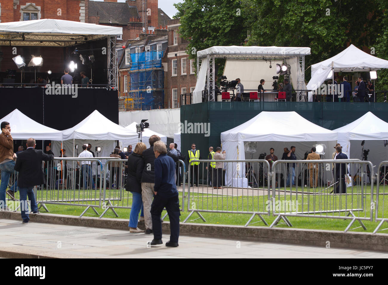 Media outlets during the UK General Election beside the iconic Gothic towers of Westminster Palace at College Green formerly known as Abingdon Green Stock Photo