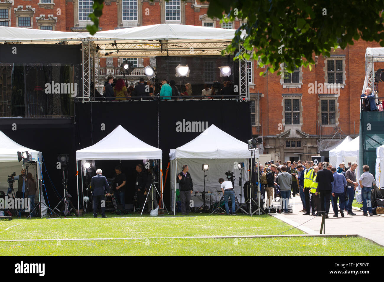 Media outlets during the UK General Election beside the iconic Gothic towers of Westminster Palace at College Green formerly known as Abingdon Green Stock Photo