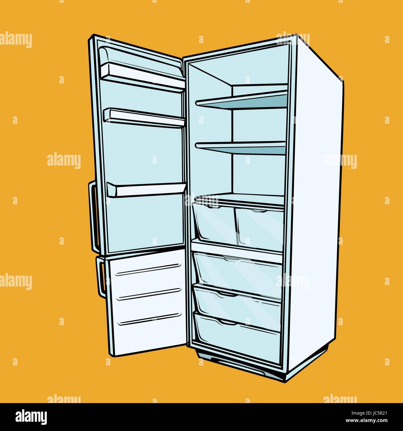 Open empty refrigerator. Comic cartoon style pop art retro vector color drawing illustration Stock Vector