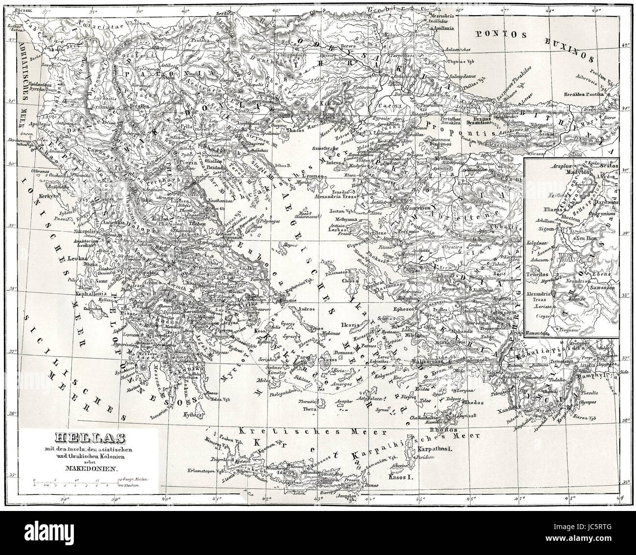 Historical map of ancient Greece with Asian and Thracian Colonies Stock Photo