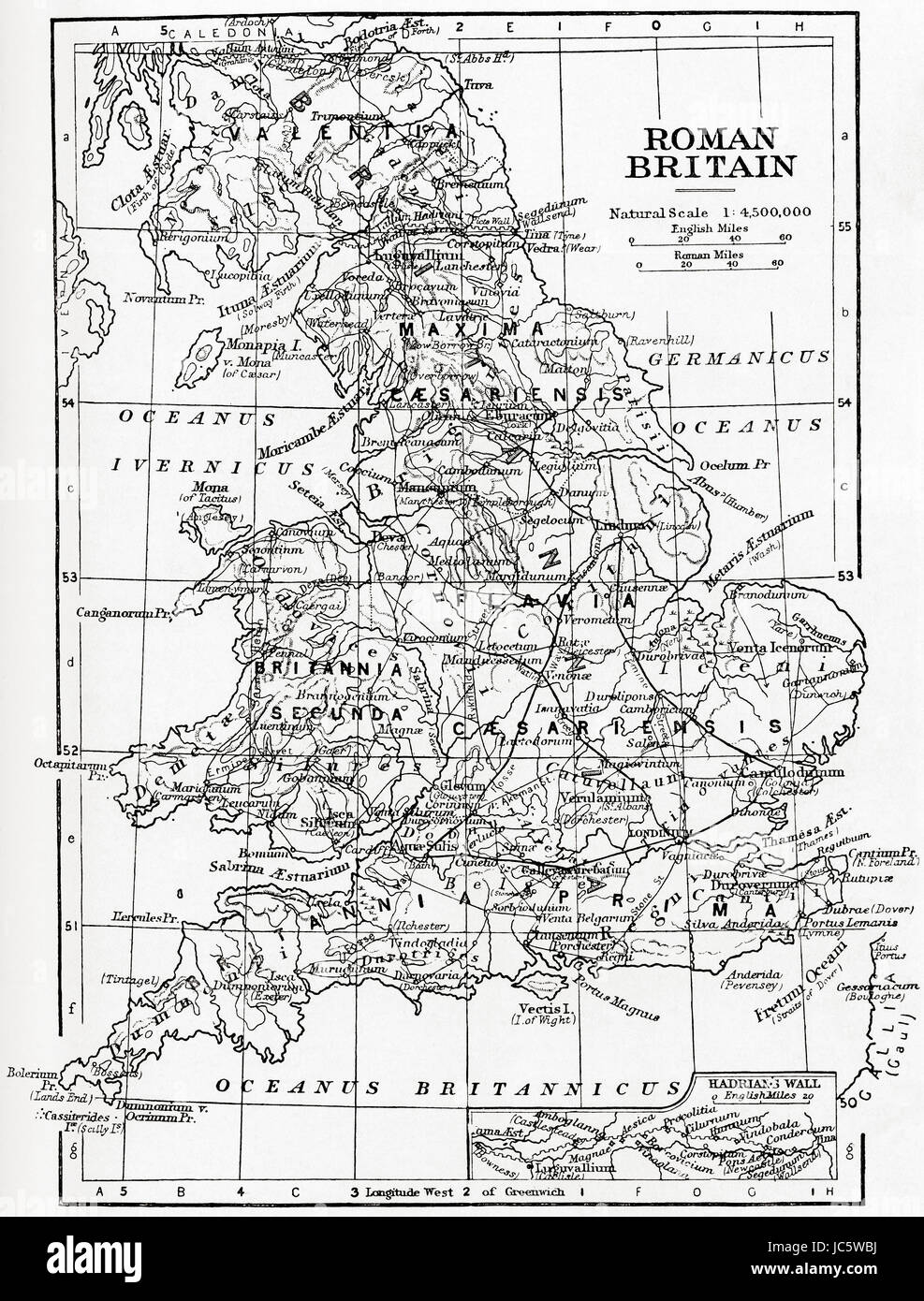 Map of Roman Britain showing the area of the island of Great Britain that was governed by the Roman Empire, from 43 to 410 AD.  From Hutchinson's History of the Nations, published 1915. Stock Photo