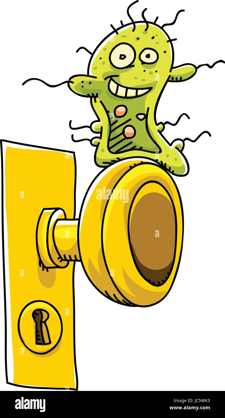 A happy, cartoon germ waits on a doorknob to infect someone. Stock Vector