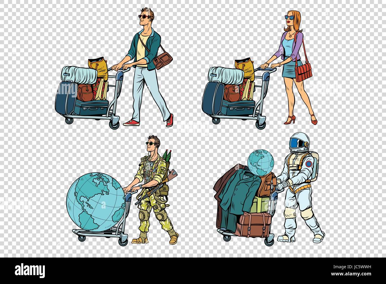 Set travelers man woman soldier and astronaut. Pop art retro vector illustration Stock Vector