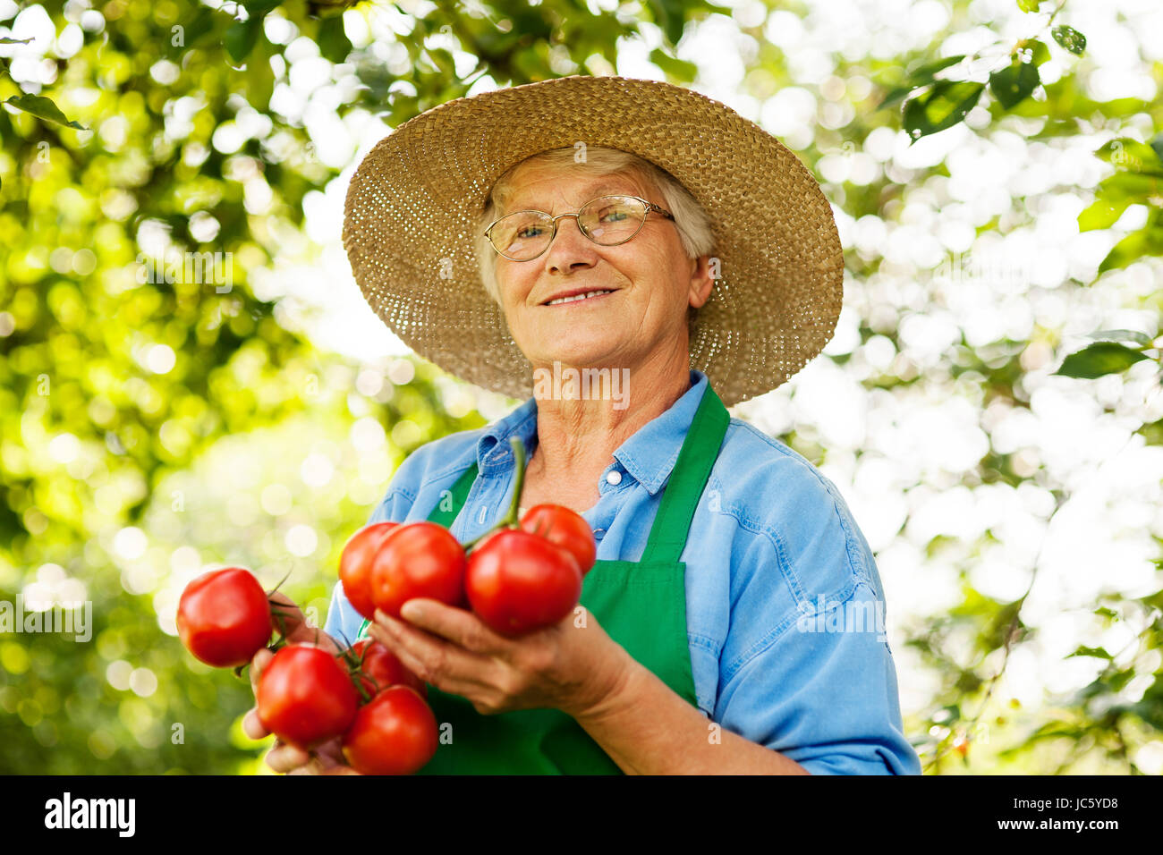 Senior woman with tomatoes Stock Photo - Alamy