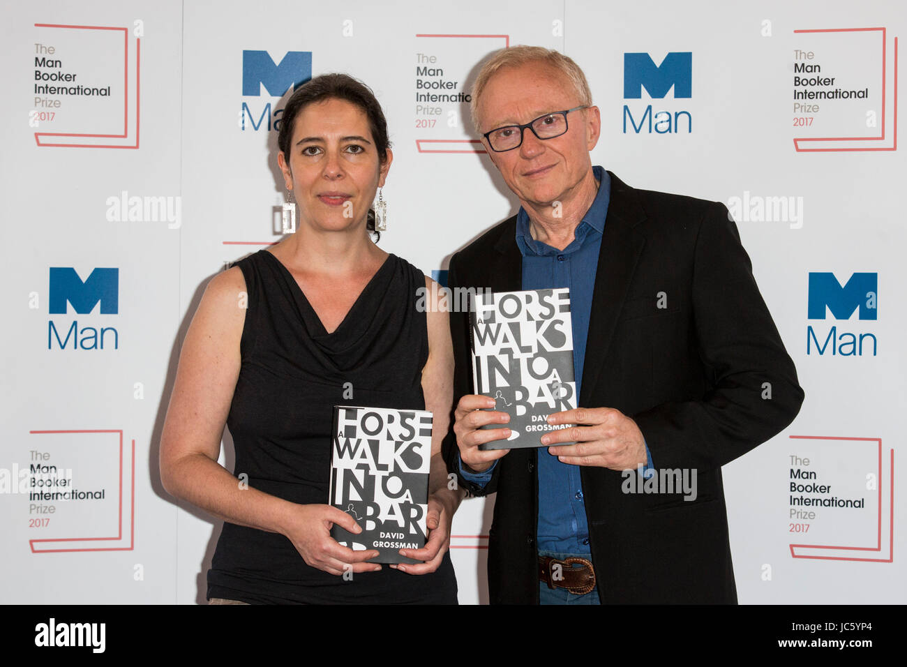 London, UK. 13 June 2017. Translator Jessica Cohen with Israeli writer David Grossman with his book Horse Walks Into a Bar. Photocall with the shortlisted writers and their translators for the 2017  Man Booker International Prize. Stock Photo