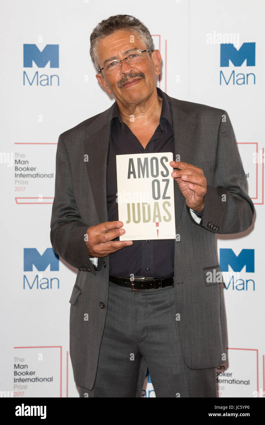 London, UK. 13 June 2017. Translator Nicholas de Lange holding Amos Oz shortlisted novel Judas, Photocall with the shortlisted writers and their translators for the 2017  Man Booker International Prize. Stock Photo