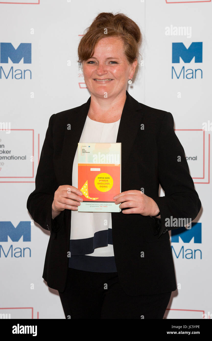 London, UK. 13 June 2017. Danish writer Dorthe Nors with her novel Mirror, Shoulder, Signal. Photocall with the shortlisted writers and their translators for the 2017  Man Booker International Prize. Stock Photo