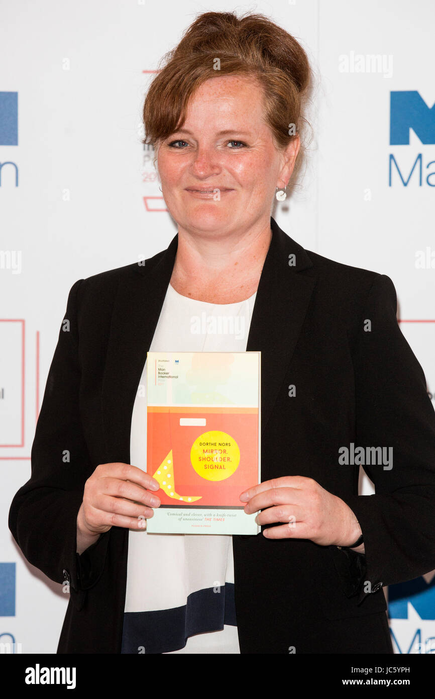 London, UK. 13 June 2017. Danish writer Dorthe Nors with her novel Mirror, Shoulder, Signal. Photocall with the shortlisted writers and their translators for the 2017  Man Booker International Prize. Stock Photo