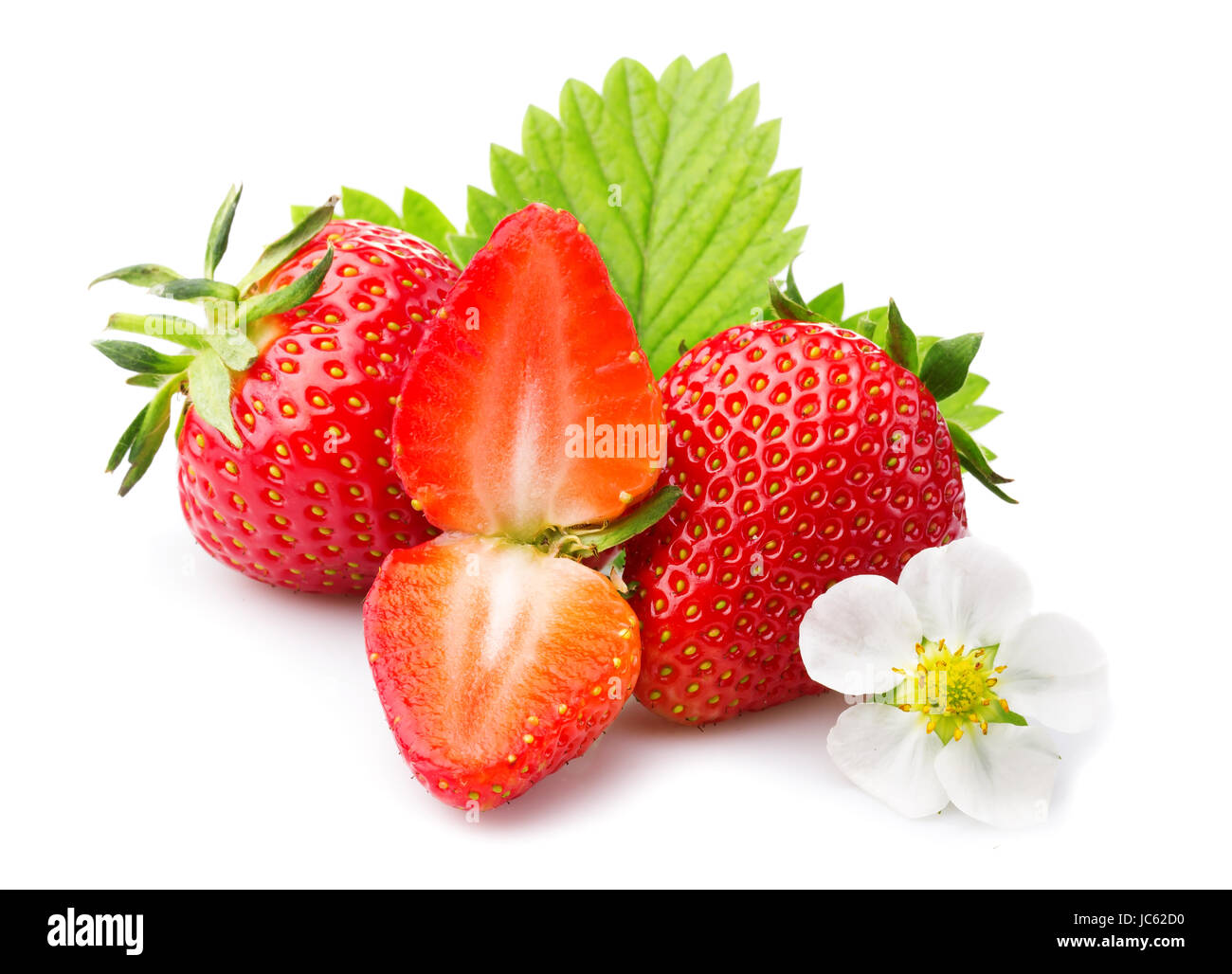 Strawberries with leaves and blossom. Isolated on a white background Stock Photo