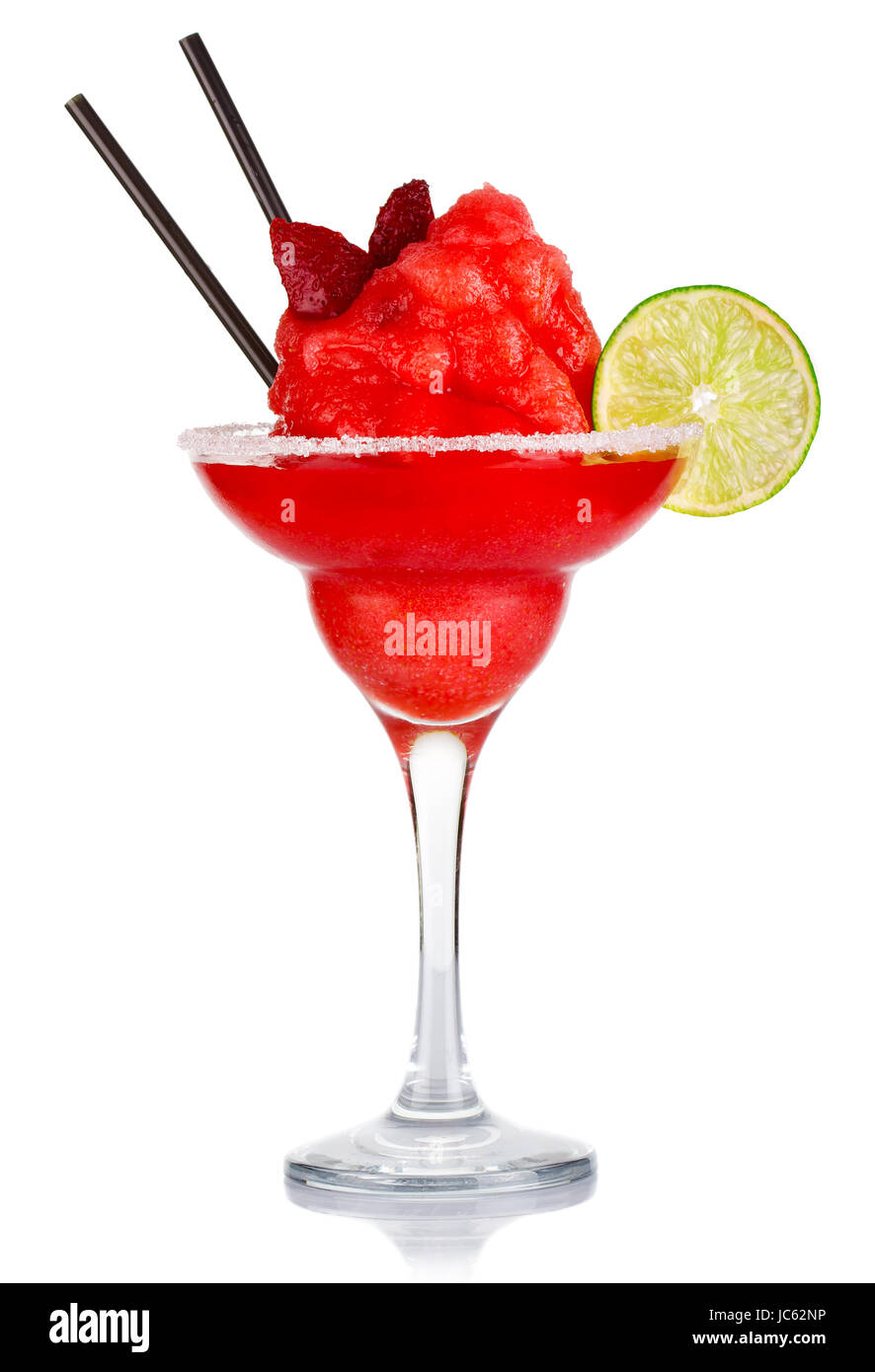Red alcohol cocktail with fruit ice crush and lime slices isolated on white Stock Photo