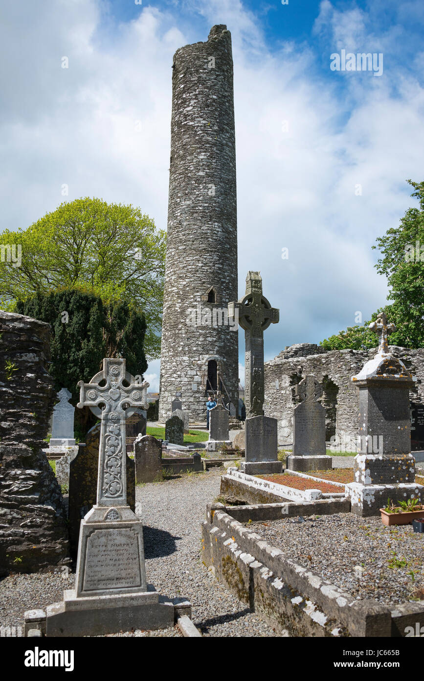 Crosses and round tower, ruin of Monasterboice, county Lough, Irishman's country, Great Britain / Mainistir Bhuithe. with round tower, Monasterboice,  Stock Photo