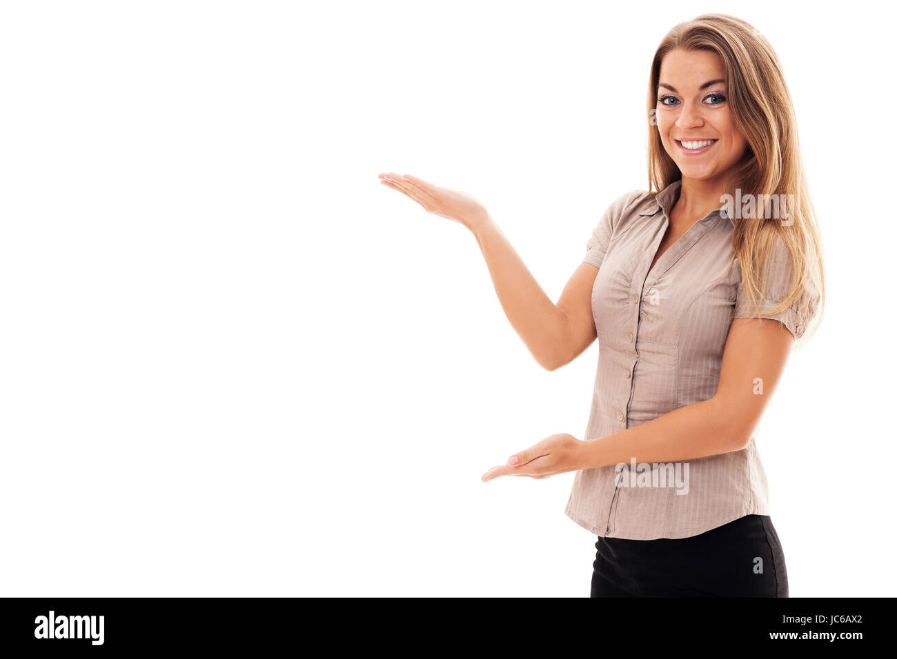 Successful businesswoman gesturing on white Stock Photo
